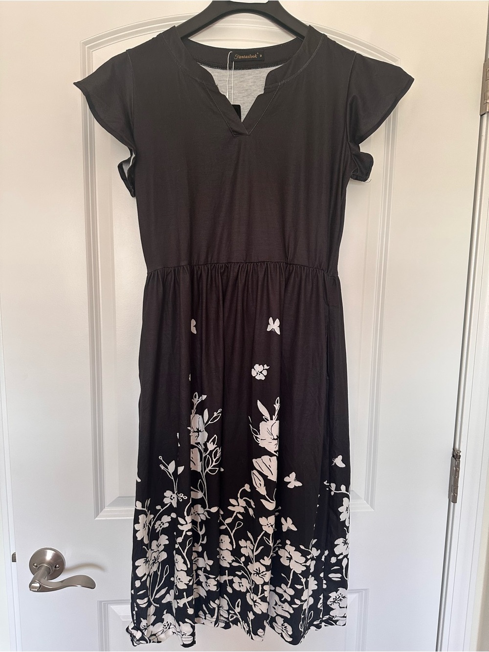 Casual Black Midi Dress with White Floral Border - Women’s Summer Dress